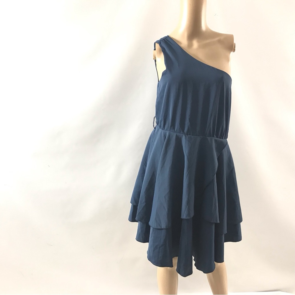 Lillusory Women's One Shoulder Sleeve Dress L Blue Tiered Chiffon Knee Length